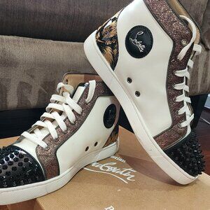 Christian Louboutin Spike White/Black Gold Leather High Top Sneakers 42.5
